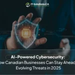 Hands interact with a glowing shield containing an "AI" chip, representing cybersecurity.