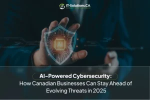 Hands interact with a glowing shield containing an "AI" chip, representing cybersecurity.