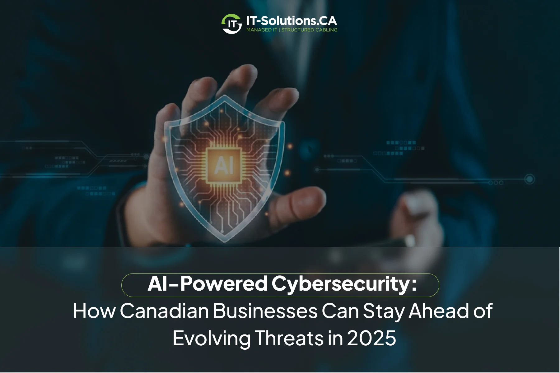 Hands interact with a glowing shield containing an "AI" chip, representing cybersecurity.