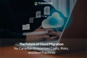 A person transfers glowing digital files and folders from a laptop to a cloud icon.