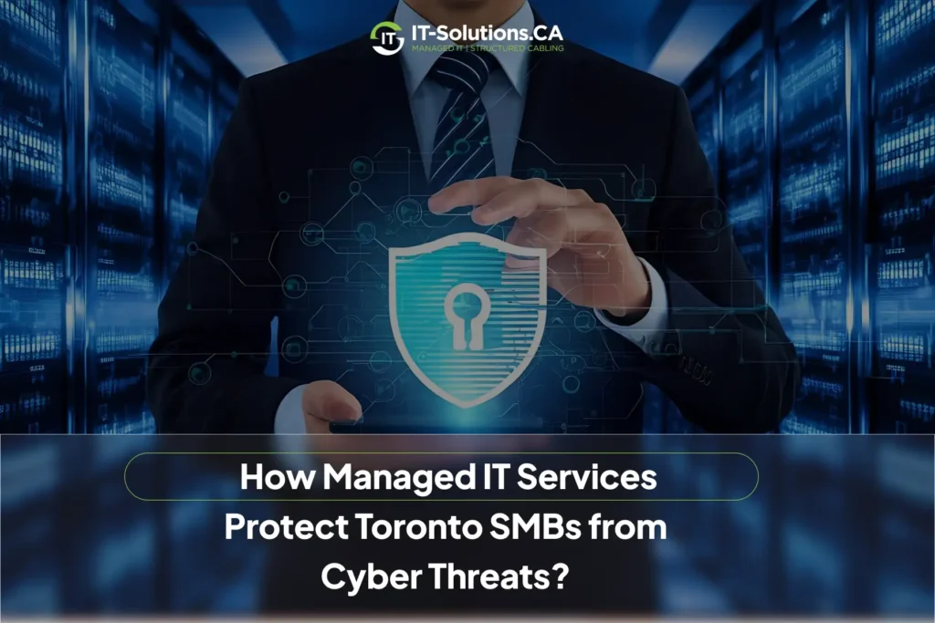 Businessman holding a shield with a padlock icon over server racks.