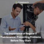 Two IT professionals inspecting server rack cabling and documentation for proactive network maintenance.