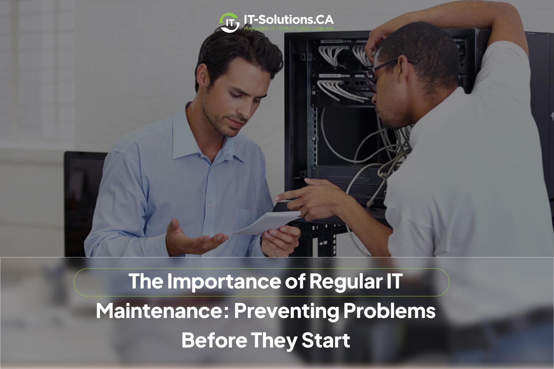 Two IT professionals inspecting server rack cabling and documentation for proactive network maintenance.
