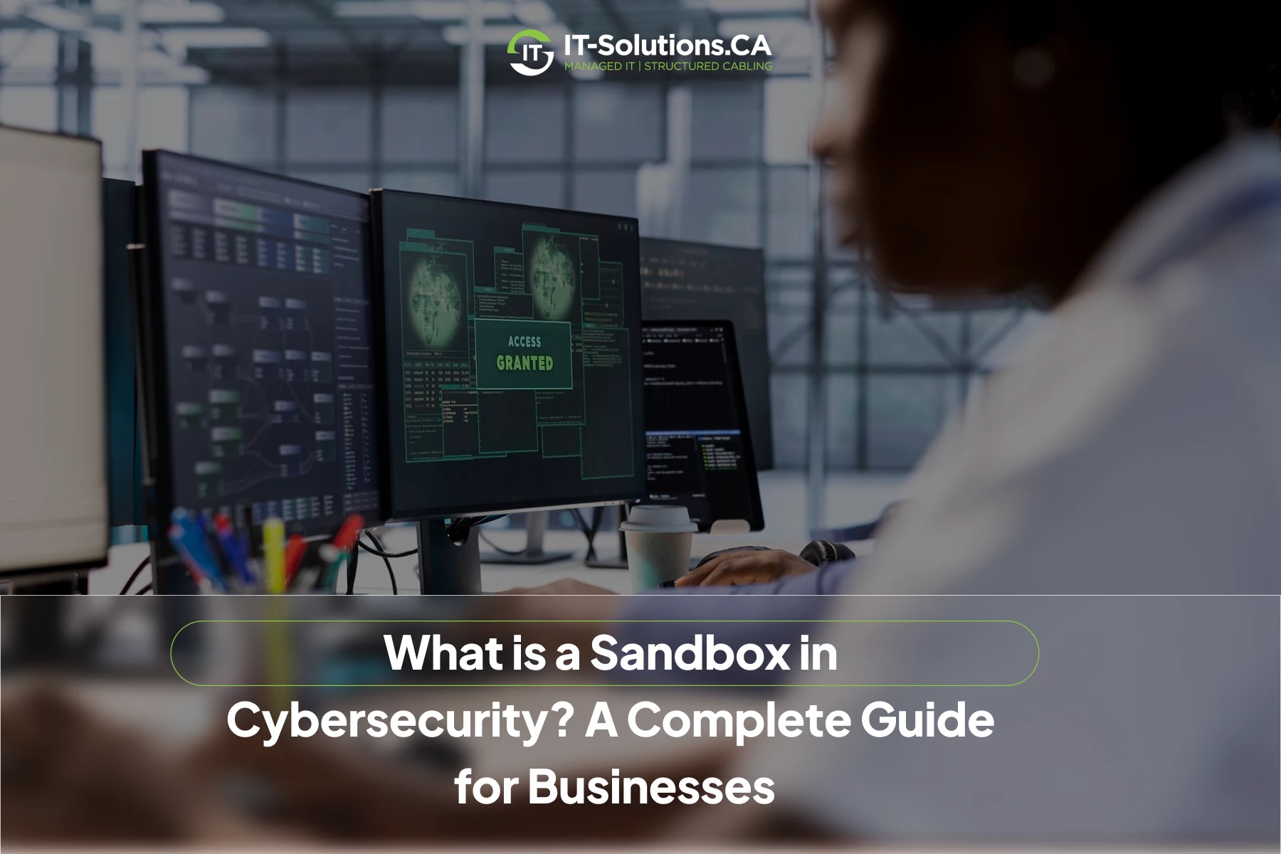 A cybersecurity expert monitors a computer screen displaying "ACCESS GRANTED" and data maps in a modern IT office.